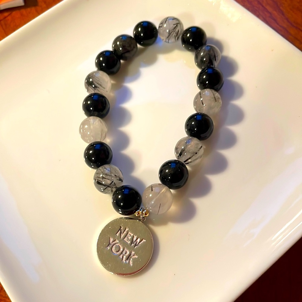 rutiled quartz/onyx beads charm bracelet